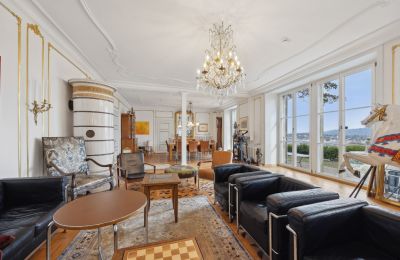 Historic Villa for sale Biel/Bienne, Alpenstrasse 95, Bern, Eindrückliches Wohnzimmer mit Weitsicht und grosser Terrasse