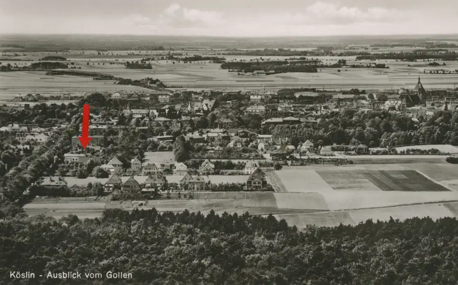 Old postcard: Köslin – view from the Gollen with the location of the Brandrup villa and the coastline in the background.