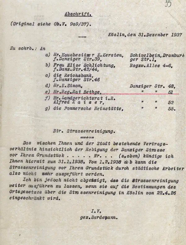 Historic document relating to the villa in Koszalin, Danziger Straße 51